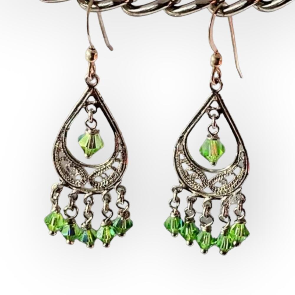 Delicate silver tone and leaf green chandelier earrings